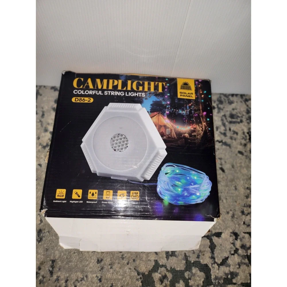 Camplight D86-2 Solar String Lights 49.2ft RGB LED Camping Lantern Power Bank